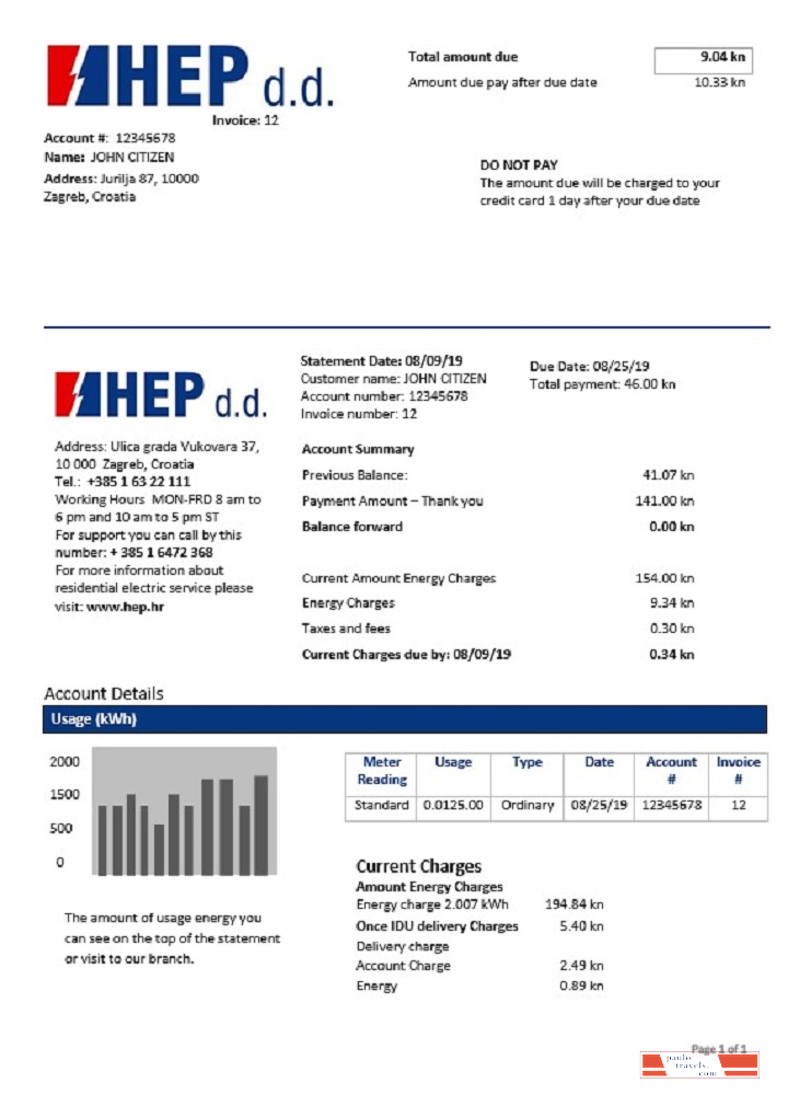 Croatia Hrvatska Elektroprivreda electricity utility bill
